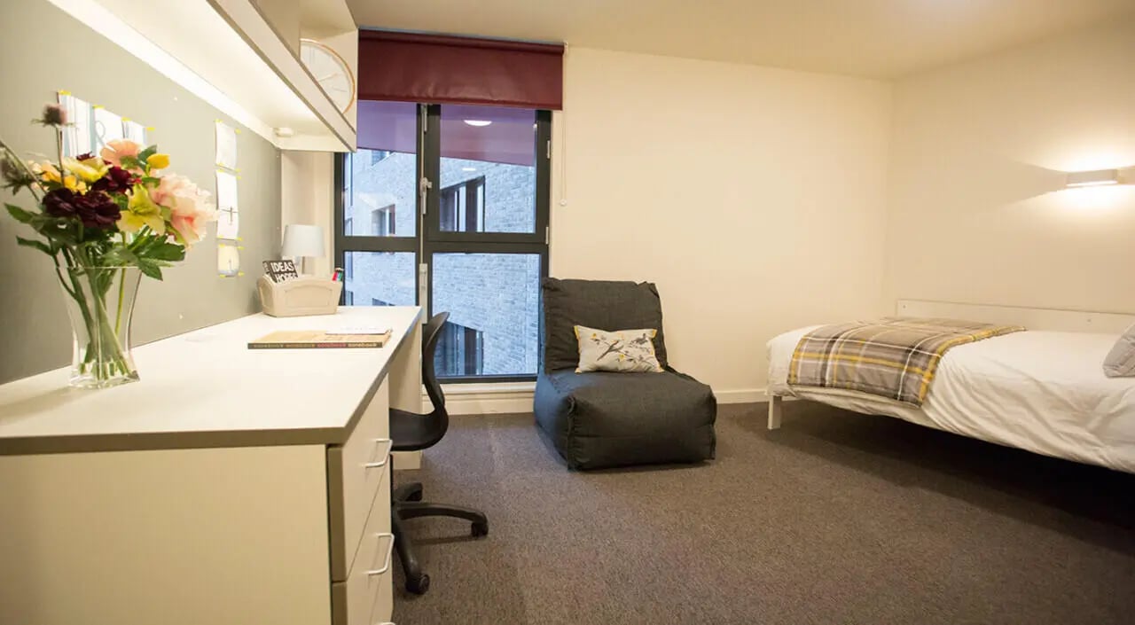 Desk chair bed beanbag Flowers bedroom at Powis Place in Aberdeen Student Accommodation