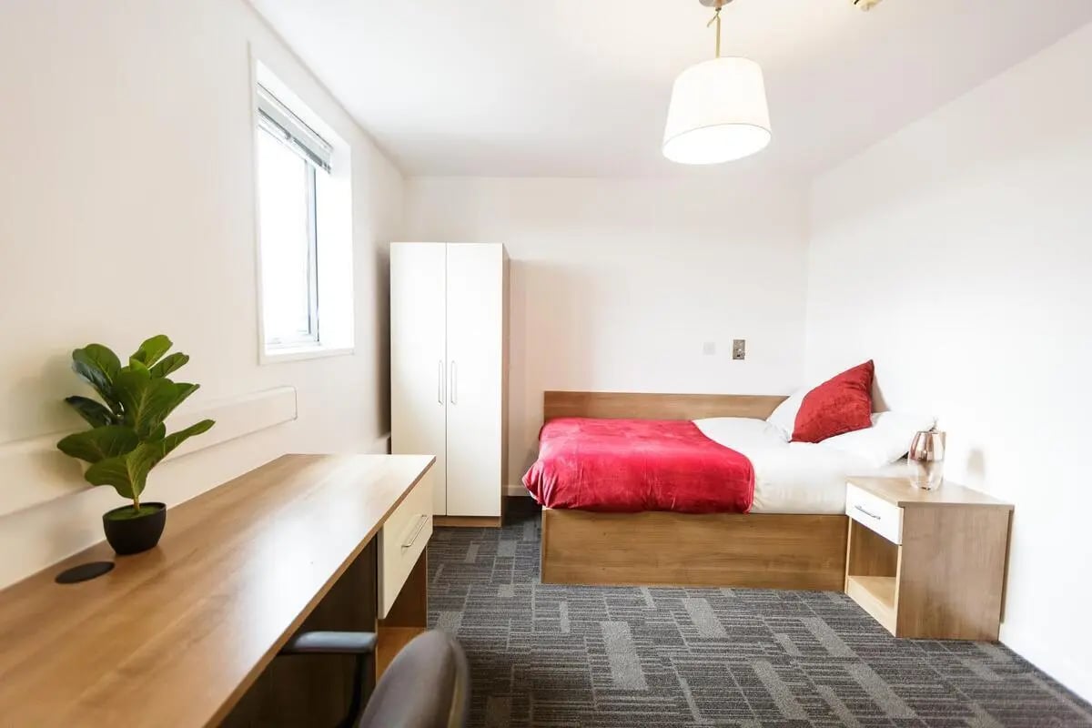Desk plant wardrobe bed nightstand bedroom at AXO Islington in London Student Accommodation