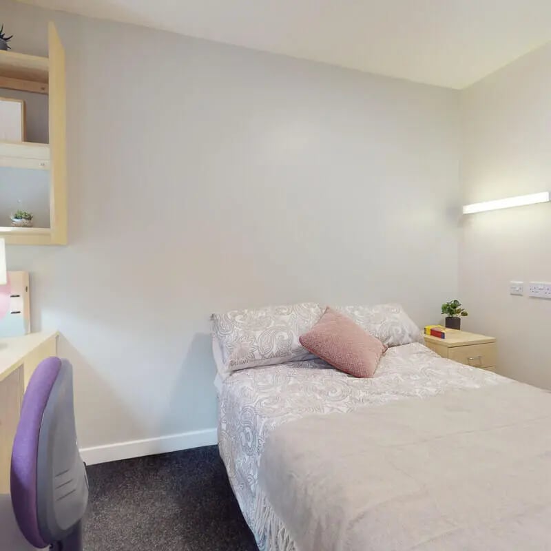 Bed desk shelf and chair bedroom at The Pinnacles in Sheffield Student Accommodation