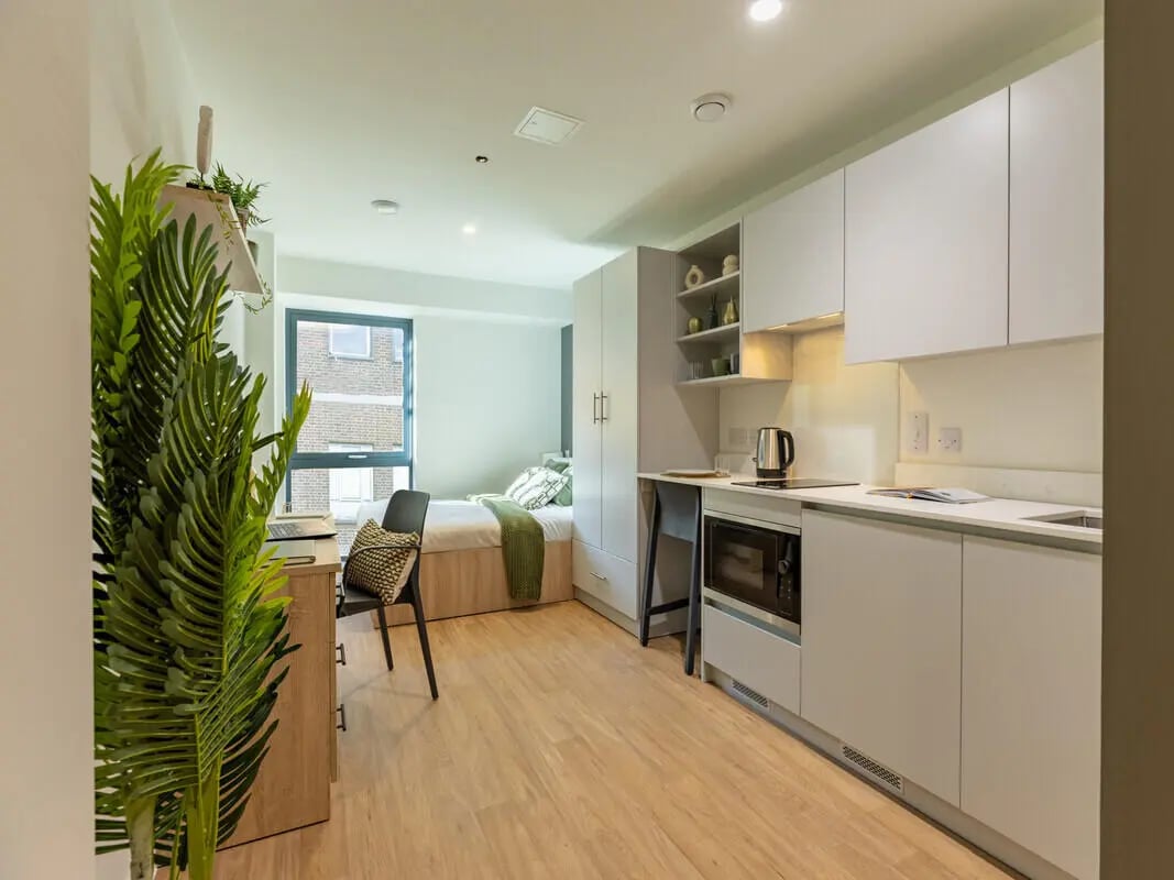 Bed desk chair plant kitchen and bed area at Straits Aire in Leeds Student Accommodation