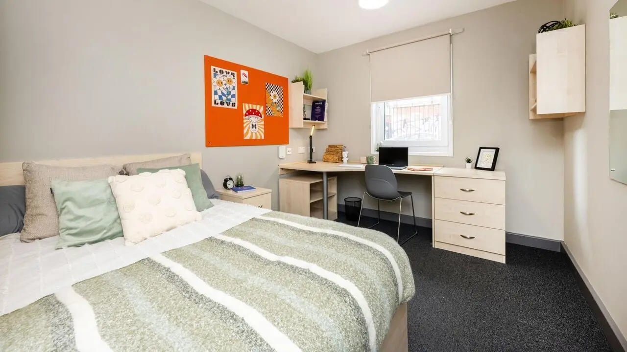 Bed desk chair and dresser bedroom at The Forge in Sheffield Student Accommodation