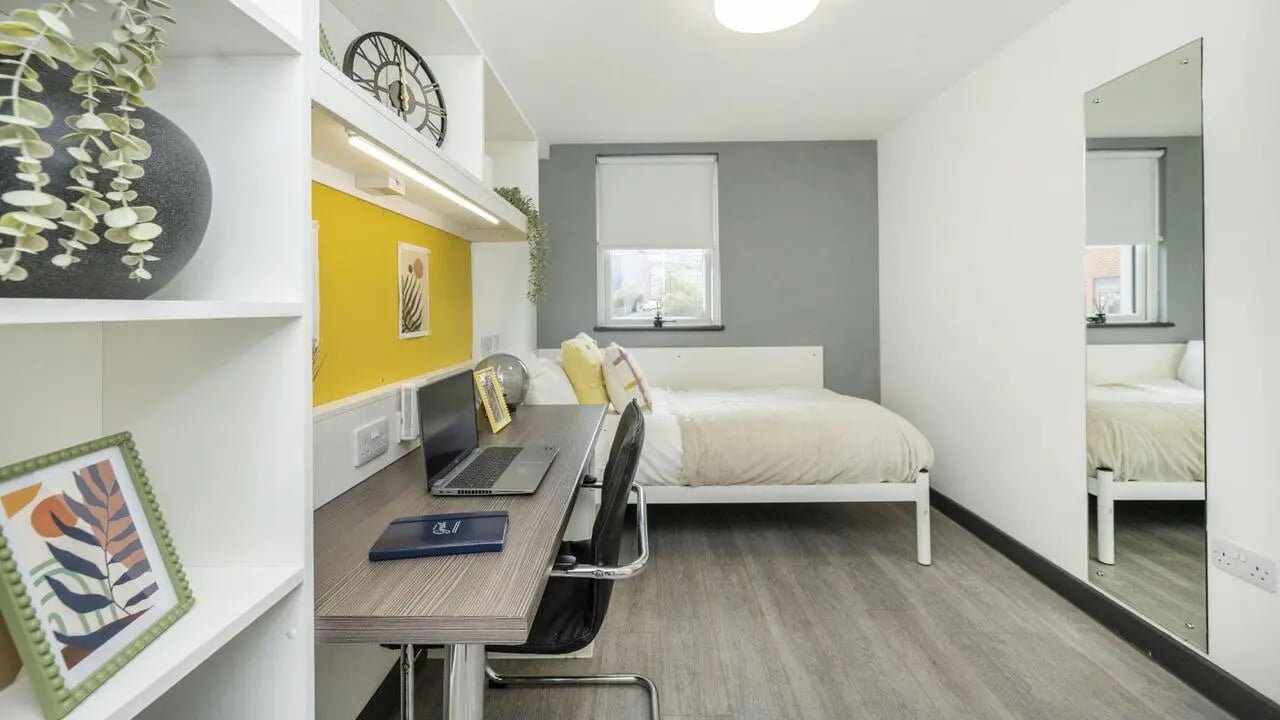Desk plant framed art bed with pillows and mirror bedroom at Albert Place in Newcastle Upon Tyne Student Accommodation