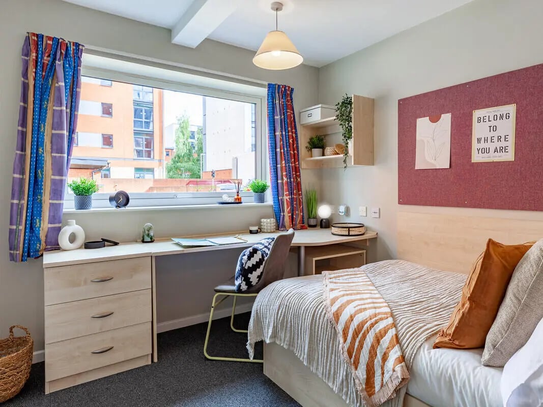 Bed desk drawers chair and corkboard bedroom at The Forge in Sheffield Student Accommodation