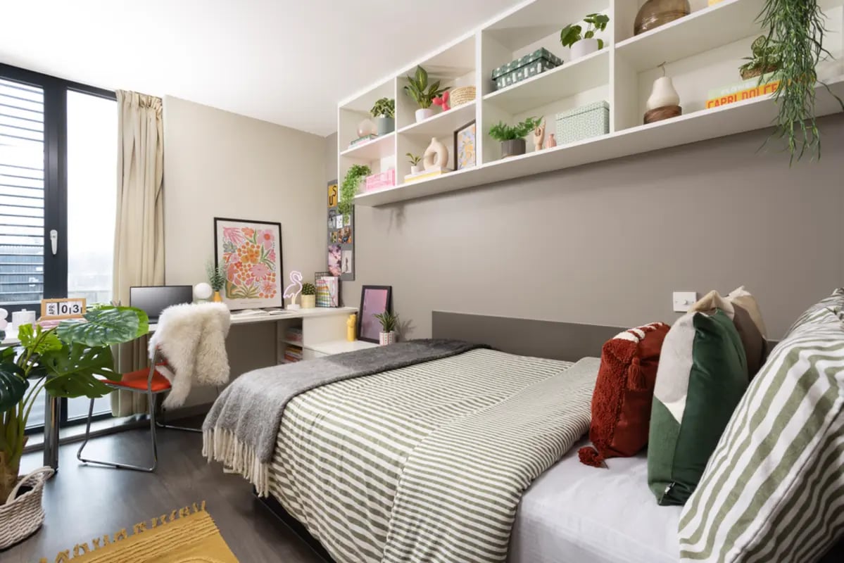 Bed desk shelves and plants bedroom at Causeway View in Aberdeen Student Accommodation