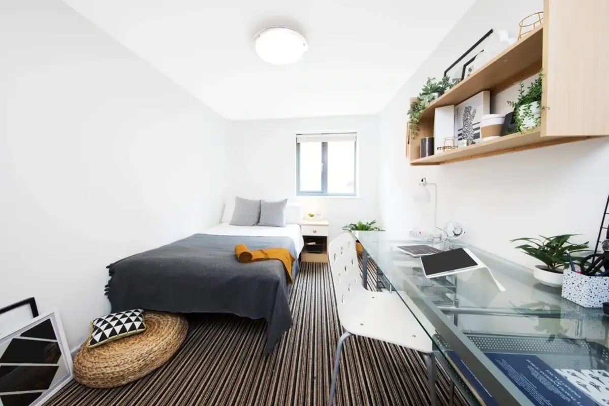 Bed desk chair and shelves student room at Grange Lane Apartments in Leicester Student Accommodation