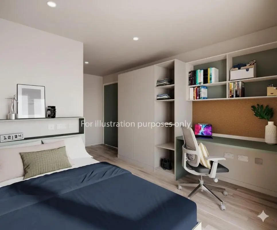 Bed desk chair shelves and wardrobe bedroom at City Wharf in Glasgow Student Accommodation