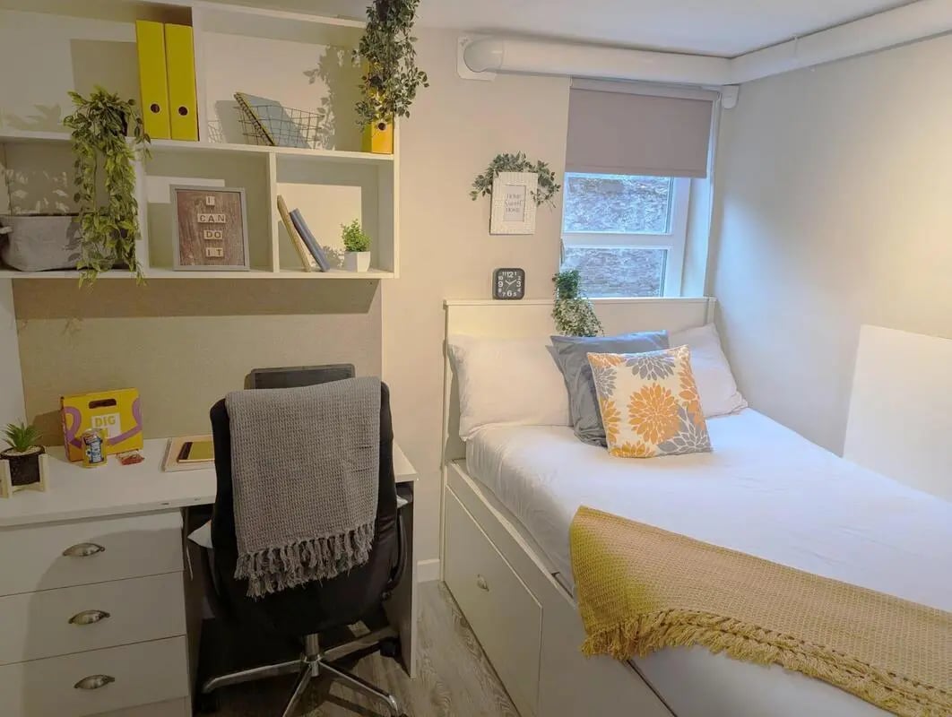 Bed desk and shelves with plants bedroom at Peterson Hall in Dundee Student Accommodation