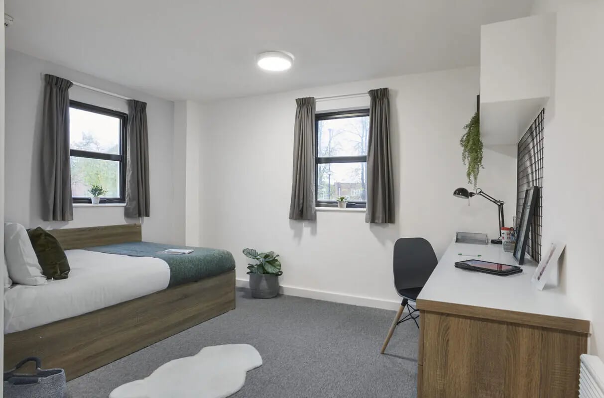Bed desk chair plant windows bedroom at Sky Blue Point in Coventry Student Accommodation