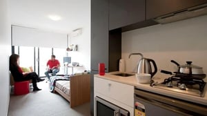 Bed study area kitchen at Student Living D2 in Melbourne Student Accommodation