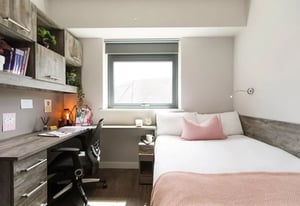 Bed desk shelves and chair bedroom at Queens Court in Reading Student Accommodation