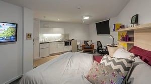 Bed with kitchen area study area and living room at The Railyard Cambridge in Cambridge Student Accommodation