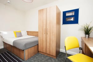 Bed wardrobe desk chair and plant Bedroom at Sunlight Apartments in London Student Accommodation