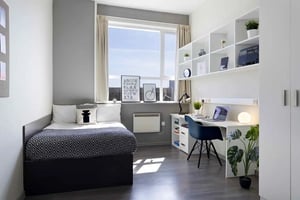 Bed desk shelves plant bedroom at Central Point in Plymouth Student Accommodation