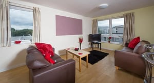 Two brown sofas coffee table TV living room at Q3 Apartments in Manchester Student Accommodation