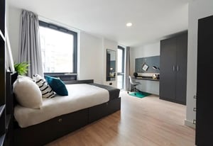 Bed desk wardrobe with pillows and plant bedroom at Beckett House in Dublin Student Accommodation