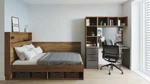 Bed desk and shelf unit bedroom at Broga House in Cork Student Accommodation