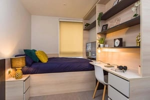 Bed desk shelves and tv bedroom study area at Steel City in Sheffield Student Accommodation