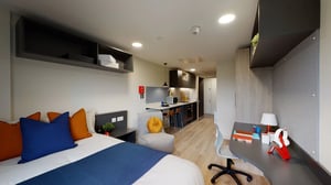 Desk bed and chair bedroom area at Stanley Studios in Southampton Student Accommodation