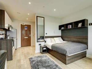 Studio apartment with kitchen bed and storage. at Cricket Field Court in Exeter Student Accommodation