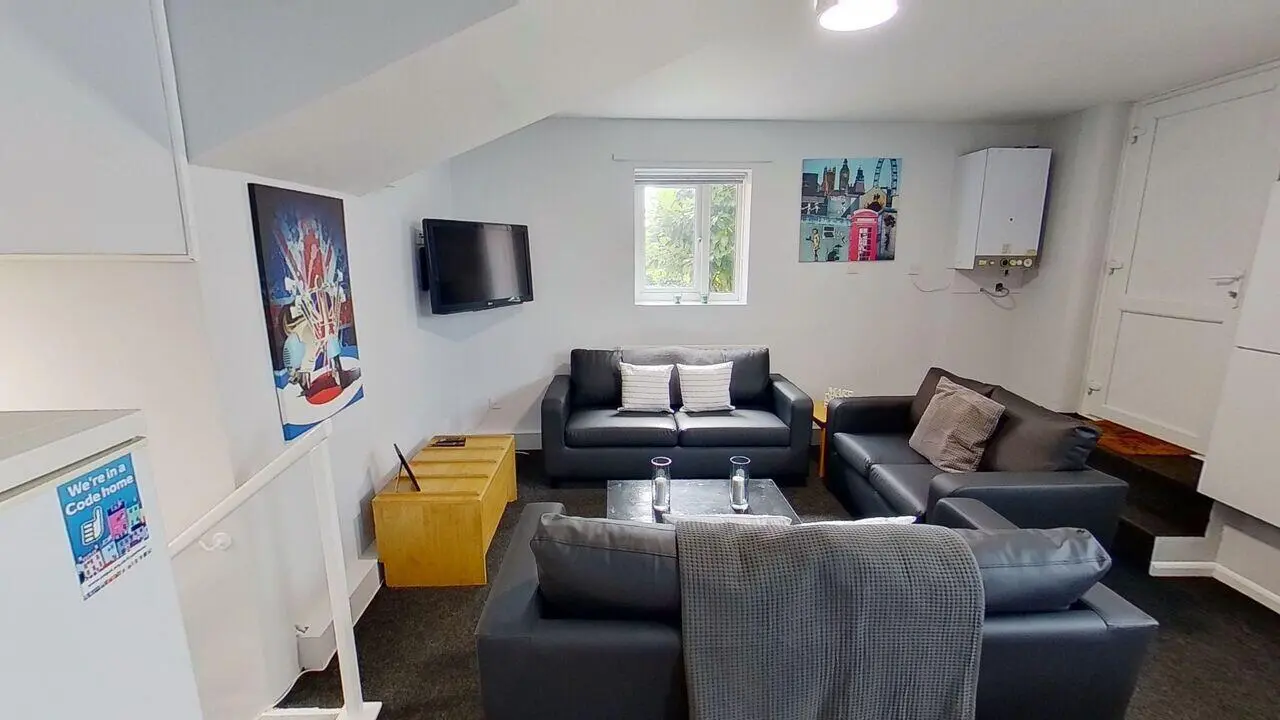 Sofa coffee table artwork television living room at 6 Albert Square in Nottingham Student Accommodation