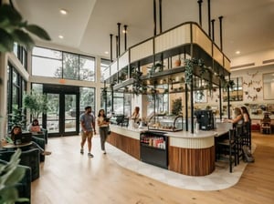 Modern coffee bar with students studying communal area at Rambler Athens in Atlanta Student Accommodation