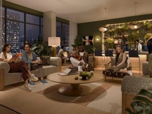 People relaxing in a stylish lounge living room at Rambler Atlanta in Atlanta Student Accommodation