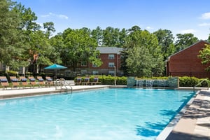 Pool with lounge chairs waterfall and trees Exterior at Polo Club Tallahassee in Tallahassee Student Accommodation