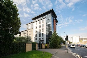 Modern student accommodation building on Adam Street exterior at Adam Street Gardens in Cardiff Student Accommodation