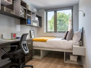 Desk chair bed shelves window bedroom at Brickworks in Dublin Student Accommodation
