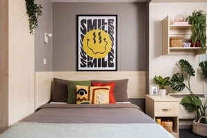 Desk plants laptop photos and bed bedroom at The Tannery Leeds in Leeds Student Accommodation