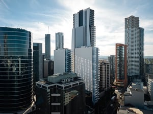 Tall modern buildings in city vista exterior at UKO Parramatta Central in Sydney Student Accommodation