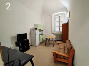 Sofa fridge table tv study area living room at Cosy Twin bedroom with kitchenette in a residence near università di Parma in Parma Student Accommodation