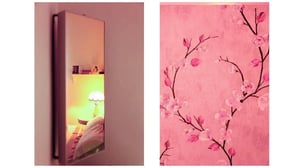 Reflected bedroom with lamp and pink floral wallpaper bedroom at Lovely 3 bedroom apartment near the centre of Pisa in Pisa Student Accommodation