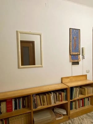 Bookshelves mirror art and intercom study area at Very cosy 1-bedroom flat neat the Cipro metro in Rome Student Accommodation