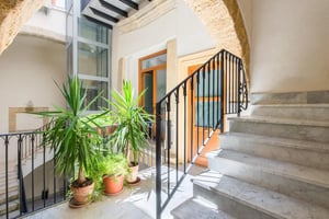 Marble staircase glass elevator potted plants interior hallway at Charming 1-bedroom flat in Castellammare o Loggia in Palermo Student Accommodation