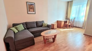 Gray sectional sofa coffee table desk chairs living room at Bright 1-bedroom apartment close to the Richard-Wagner-Platz metro station in Berlin Student Accommodation
