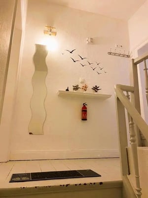 Mirror fire extinguisher shelf and bird decals hallway at Attractive 1-bedroom apartment in Nordstadt in Bonn Student Accommodation