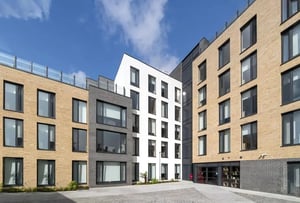 Modern brick buildings with many windows exterior at Stoneybatter Place in Dublin Student Accommodation