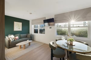 Sofa coffee table dining table living area at UKO Potts Point in Sydney Student Accommodation
