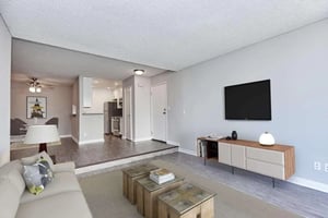 Sofa TV cabinet kitchen and dining living room at Ariel Court in Los Angeles Student Accommodation