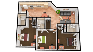 Three bedrooms with desks living area kitchen bathroom floor plan at Collegiate Commons Apartments in Greensboro Student Accommodation