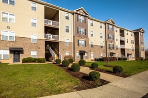 Apartment building exterior with balconies and stairs exterior at Mountain Valley Apartments in Morgantown Student Accommodation