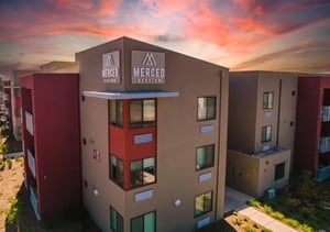 Merced Station building exterior with signs exterior at Merced Station in Merced Student Accommodation