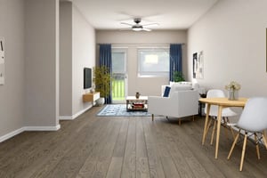White sofa coffee table television wooden floor living room at Hawks Pointe II in Lawrence Student Accommodation
