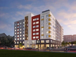 Modern apartment building with colorful accents exterior at The Hive in Atlanta Student Accommodation