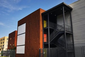 Modern building with metal exterior and stairs exterior at Park East in Springfield Student Accommodation