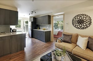 Kitchen living room and bedroom studio apartment at Clara Apartments in Seattle Student Accommodation