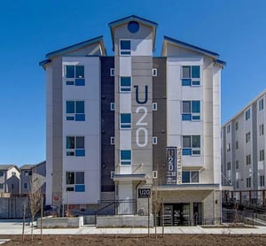 Modern U20 apartments building with windows exterior at U20 Apartments in Seattle Student Accommodation
