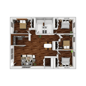 Floor plan with four bedrooms kitchen living area. at Campustown in Ames Student Accommodation