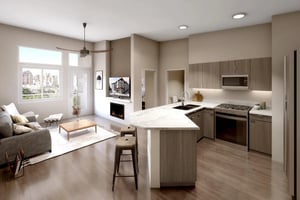 Living room and modern kitchen with appliances living room kitchen at 500 Square Apartments in Bellingham Student Accommodation
